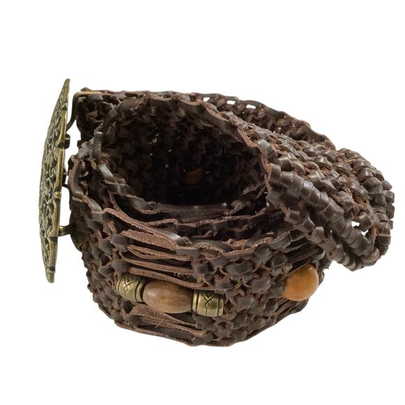 Vtg. Leather Brown Weaved Beaded Hip Hugger Belt Medalion Buckle Hippie Boho - Picture 3 of 9